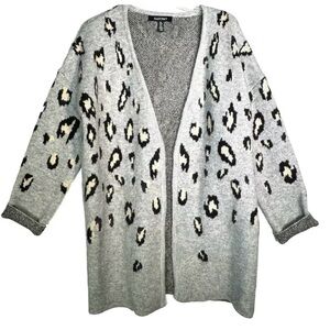 Ellen Tracy Gray Leopard Open Duster Cardigan